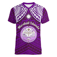 Personalised Marshall Islands Women V Neck T Shirt Purple Polynesian Tribal Mix Coat Of Arms - Wonder Print Shop