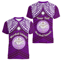 Personalised Marshall Islands Women V Neck T Shirt Purple Polynesian Tribal Mix Coat Of Arms - Wonder Print Shop