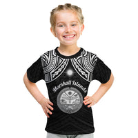 Personalised Marshall Islands Kid T Shirt Black Polynesian Tribal Mix Coat Of Arms - Wonder Print Shop