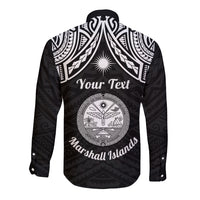 Personalised Marshall Islands Long Sleeve Button Shirt Black Polynesian Tribal Mix Coat Of Arms - Wonder Print Shop