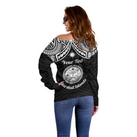 Personalised Marshall Islands Off Shoulder Sweater Black Polynesian Tribal Mix Coat Of Arms - Wonder Print Shop