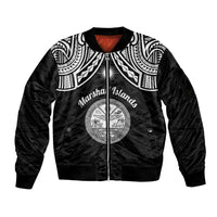 Personalised Marshall Islands Sleeve Zip Bomber Jacket Black Polynesian Tribal Mix Coat Of Arms - Wonder Print Shop