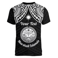 Personalised Marshall Islands Women V Neck T Shirt Black Polynesian Tribal Mix Coat Of Arms - Wonder Print Shop
