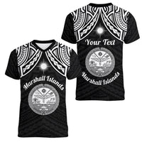 Personalised Marshall Islands Women V Neck T Shirt Black Polynesian Tribal Mix Coat Of Arms - Wonder Print Shop