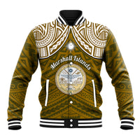 Personalised Marshall Islands Baseball Jacket Gold Polynesian Tribal Mix Coat Of Arms - Wonder Print Shop