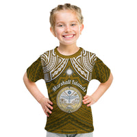 Personalised Marshall Islands Kid T Shirt Gold Polynesian Tribal Mix Coat Of Arms - Wonder Print Shop
