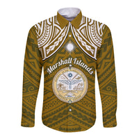 Personalised Marshall Islands Long Sleeve Button Shirt Gold Polynesian Tribal Mix Coat Of Arms - Wonder Print Shop