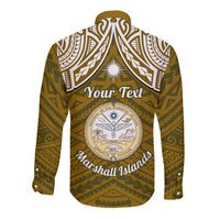 Personalised Marshall Islands Long Sleeve Button Shirt Gold Polynesian Tribal Mix Coat Of Arms - Wonder Print Shop