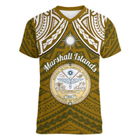 Personalised Marshall Islands Women V Neck T Shirt Gold Polynesian Tribal Mix Coat Of Arms - Wonder Print Shop