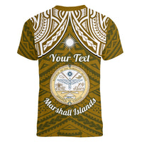 Personalised Marshall Islands Women V Neck T Shirt Gold Polynesian Tribal Mix Coat Of Arms - Wonder Print Shop