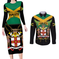 Jamaica Independence Day Couples Matching Long Sleeve Bodycon Dress and Long Sleeve Button Shirt Jumieka Coat Of Arms Mix Hummingbird - Wonder Print Shop