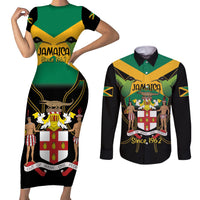 Jamaica Independence Day Couples Matching Short Sleeve Bodycon Dress and Long Sleeve Button Shirt Jumieka Coat Of Arms Mix Hummingbird - Wonder Print Shop