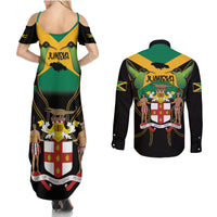 Jamaica Independence Day Couples Matching Summer Maxi Dress and Long Sleeve Button Shirt Jumieka Coat Of Arms Mix Hummingbird - Wonder Print Shop