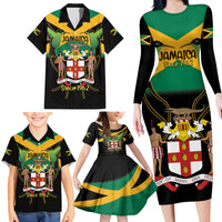 Jamaica Independence Day Family Matching Long Sleeve Bodycon Dress and Hawaiian Shirt Jumieka Coat Of Arms Mix Hummingbird - Wonder Print Shop