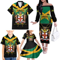 Jamaica Independence Day Family Matching Off The Shoulder Long Sleeve Dress and Hawaiian Shirt Jumieka Coat Of Arms Mix Hummingbird - Wonder Print Shop
