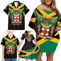 Jamaica Independence Day Family Matching Off Shoulder Short Dress and Hawaiian Shirt Jumieka Coat Of Arms Mix Hummingbird - Wonder Print Shop