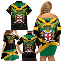 Jamaica Independence Day Family Matching Off Shoulder Short Dress and Hawaiian Shirt Jumieka Coat Of Arms Mix Hummingbird - Wonder Print Shop