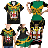 Jamaica Independence Day Family Matching Short Sleeve Bodycon Dress and Hawaiian Shirt Jumieka Coat Of Arms Mix Hummingbird - Wonder Print Shop