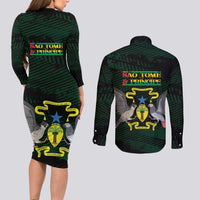 Sao Tome and Principe Couples Matching Long Sleeve Bodycon Dress and Long Sleeve Button Shirt Coat Of Arms Style