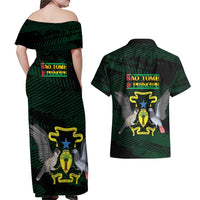 Sao Tome and Principe Couples Matching Off Shoulder Maxi Dress and Hawaiian Shirt Coat Of Arms Style
