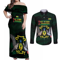 Sao Tome and Principe Couples Matching Off Shoulder Maxi Dress and Long Sleeve Button Shirt Coat Of Arms Style