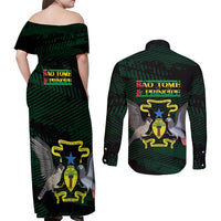 Sao Tome and Principe Couples Matching Off Shoulder Maxi Dress and Long Sleeve Button Shirt Coat Of Arms Style