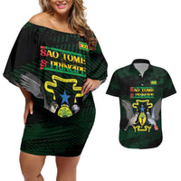Sao Tome and Principe Couples Matching Off Shoulder Short Dress and Hawaiian Shirt Coat Of Arms Style