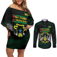 Sao Tome and Principe Couples Matching Off Shoulder Short Dress and Long Sleeve Button Shirt Coat Of Arms Style