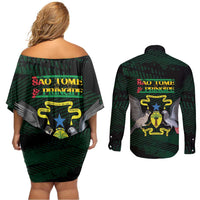 Sao Tome and Principe Couples Matching Off Shoulder Short Dress and Long Sleeve Button Shirt Coat Of Arms Style