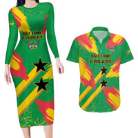 Custom Sao Tome and Principe Football Couples Matching Long Sleeve Bodycon Dress and Hawaiian Shirt Selecao dos Falcoes e Papagaios