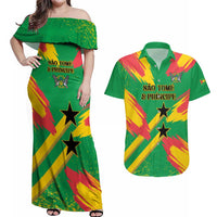 Custom Sao Tome and Principe Football Couples Matching Off Shoulder Maxi Dress and Hawaiian Shirt Selecao dos Falcoes e Papagaios