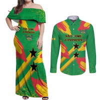 Custom Sao Tome and Principe Football Couples Matching Off Shoulder Maxi Dress and Long Sleeve Button Shirt Selecao dos Falcoes e Papagaios