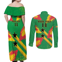 Custom Sao Tome and Principe Football Couples Matching Off Shoulder Maxi Dress and Long Sleeve Button Shirt Selecao dos Falcoes e Papagaios