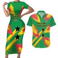 Custom Sao Tome and Principe Football Couples Matching Short Sleeve Bodycon Dress and Hawaiian Shirt Selecao dos Falcoes e Papagaios