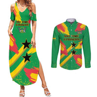 Custom Sao Tome and Principe Football Couples Matching Summer Maxi Dress and Long Sleeve Button Shirt Selecao dos Falcoes e Papagaios