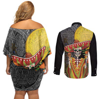 Mexico Dia De Los Muertos Couples Matching Off Shoulder Short Dress and Long Sleeve Button Shirt Sugar Skull Sombrero Aztec Pattern - Wonder Print Shop