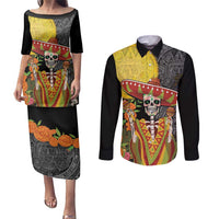 Mexico Dia De Los Muertos Couples Matching Puletasi and Long Sleeve Button Shirt Sugar Skull Sombrero Aztec Pattern - Wonder Print Shop
