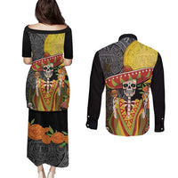 Mexico Dia De Los Muertos Couples Matching Puletasi and Long Sleeve Button Shirt Sugar Skull Sombrero Aztec Pattern - Wonder Print Shop
