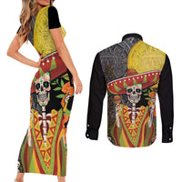 Mexico Dia De Los Muertos Couples Matching Short Sleeve Bodycon Dress and Long Sleeve Button Shirt Sugar Skull Sombrero Aztec Pattern - Wonder Print Shop