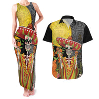 Mexico Dia De Los Muertos Couples Matching Tank Maxi Dress and Hawaiian Shirt Sugar Skull Sombrero Aztec Pattern - Wonder Print Shop