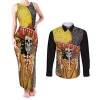 Mexico Dia De Los Muertos Couples Matching Tank Maxi Dress and Long Sleeve Button Shirt Sugar Skull Sombrero Aztec Pattern - Wonder Print Shop