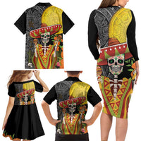 Mexico Dia De Los Muertos Family Matching Long Sleeve Bodycon Dress and Hawaiian Shirt Sugar Skull Sombrero Aztec Pattern - Wonder Print Shop