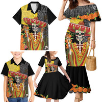Mexico Dia De Los Muertos Family Matching Mermaid Dress and Hawaiian Shirt Sugar Skull Sombrero Aztec Pattern - Wonder Print Shop