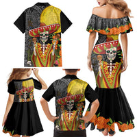 Mexico Dia De Los Muertos Family Matching Mermaid Dress and Hawaiian Shirt Sugar Skull Sombrero Aztec Pattern - Wonder Print Shop