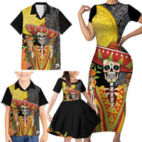 Mexico Dia De Los Muertos Family Matching Short Sleeve Bodycon Dress and Hawaiian Shirt Sugar Skull Sombrero Aztec Pattern - Wonder Print Shop