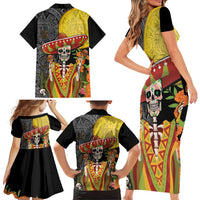 Mexico Dia De Los Muertos Family Matching Short Sleeve Bodycon Dress and Hawaiian Shirt Sugar Skull Sombrero Aztec Pattern - Wonder Print Shop