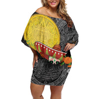 Mexico Dia De Los Muertos Off Shoulder Short Dress Sugar Skull Sombrero Aztec Pattern - Wonder Print Shop