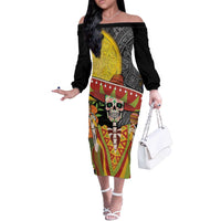 Mexico Dia De Los Muertos Off The Shoulder Long Sleeve Dress Sugar Skull Sombrero Aztec Pattern - Wonder Print Shop