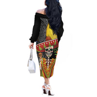 Mexico Dia De Los Muertos Off The Shoulder Long Sleeve Dress Sugar Skull Sombrero Aztec Pattern - Wonder Print Shop