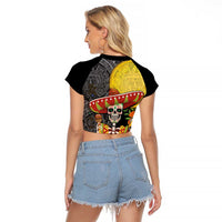 Mexico Dia De Los Muertos Raglan Cropped T Shirt Sugar Skull Sombrero Aztec Pattern - Wonder Print Shop
